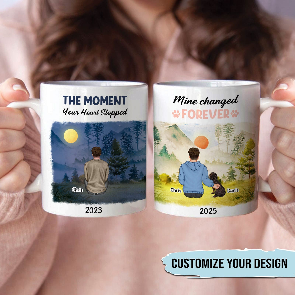 Personalized pet memorial mug featuring customizable designs with heartfelt messages and scenic backgrounds