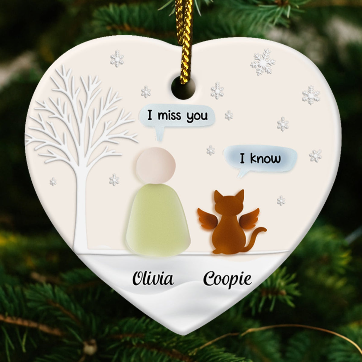 Personalized pet memorial ornament featuring a heart design with a tree and a cat, honoring a beloved pet