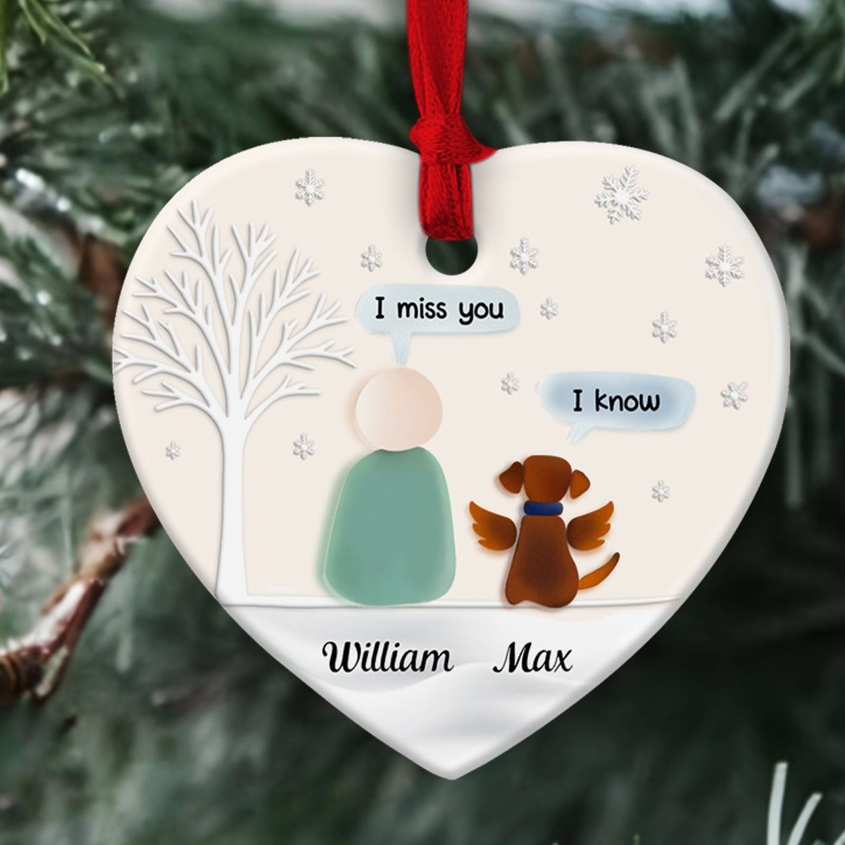 Personalized pet memorial ornament featuring a dog and a figure with the names William and Max