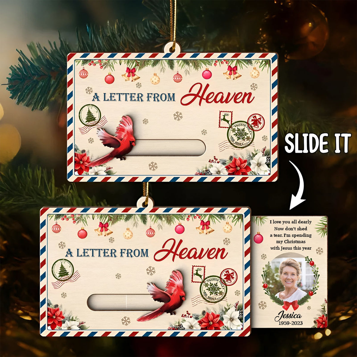 Personalized photo Christmas wooden slider card featuring festive designs and a photo slot
