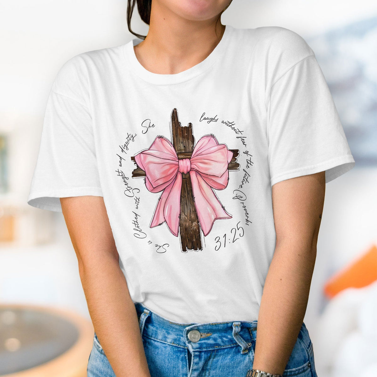 365Gifty personalized pink bow t-shirt with wooden cross design and scripture text