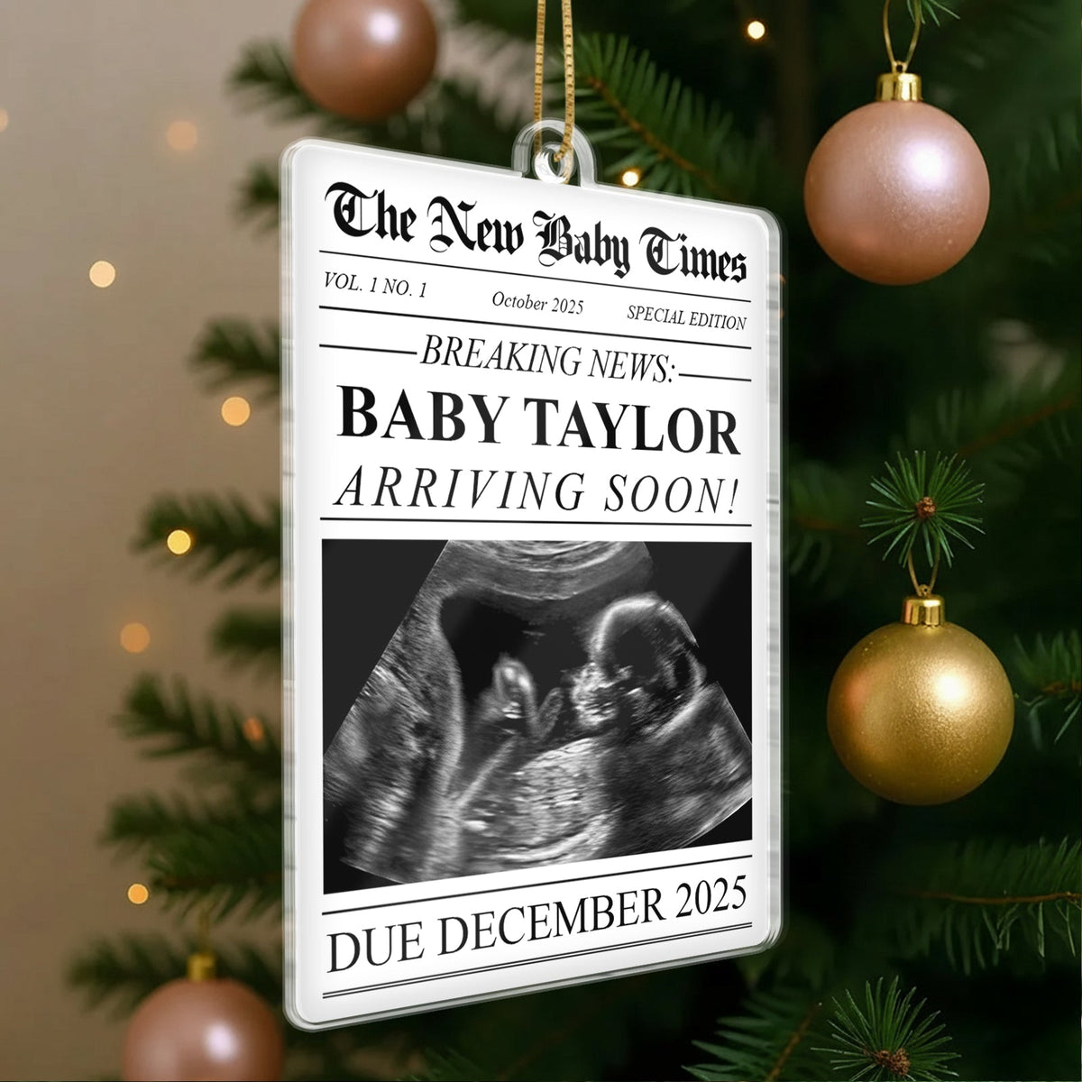 Personalized pregnancy announcement ornament featuring ultrasound image and news-style design for expecting parents