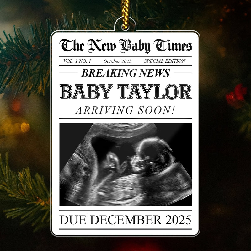 Personalized pregnancy announcement ornament featuring a news-style design with ultrasound image and due date