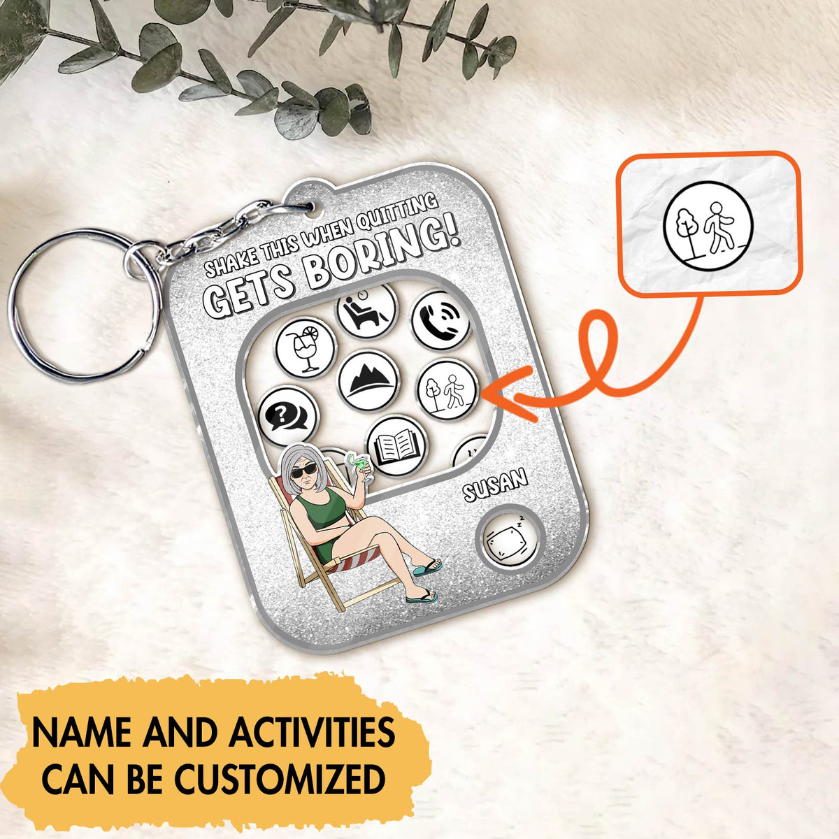 Personalized quitting keychain with customizable name and activities for motivation during quitting journey