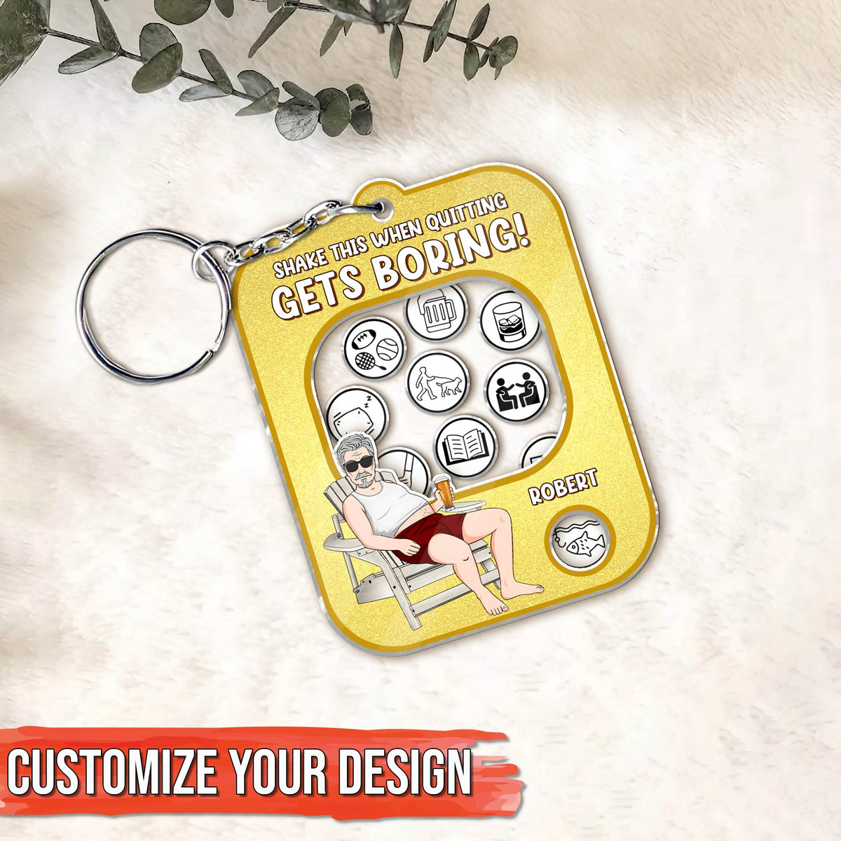 Personalized quitting keychain with customizable design and motivational icons for support