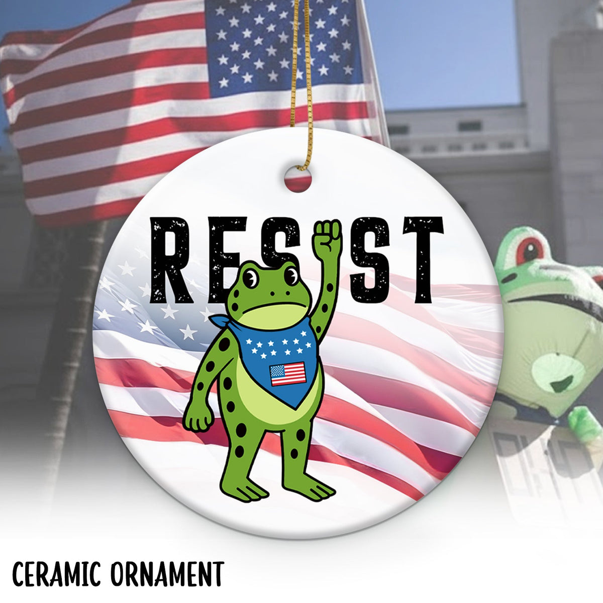 Personalized resist ornament featuring a cartoon frog with an American flag background