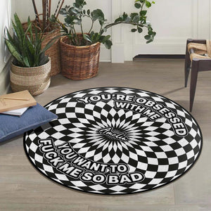 Personalized round mat with a bold graphic design and playful text for home decor