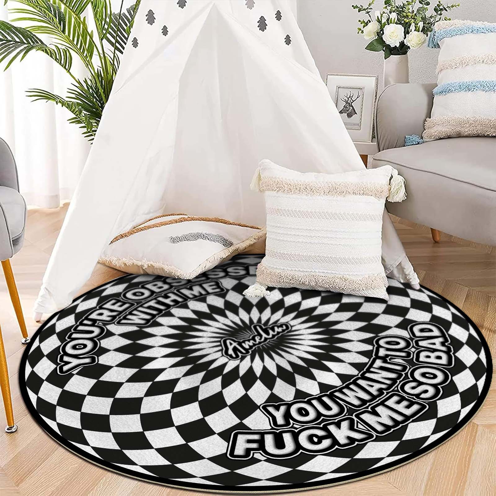 Personalized round mat with black and white checkerboard design featuring playful text for a unique home accent