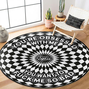 Personalized round mat featuring bold text and a striking black and white design for unique home decor
