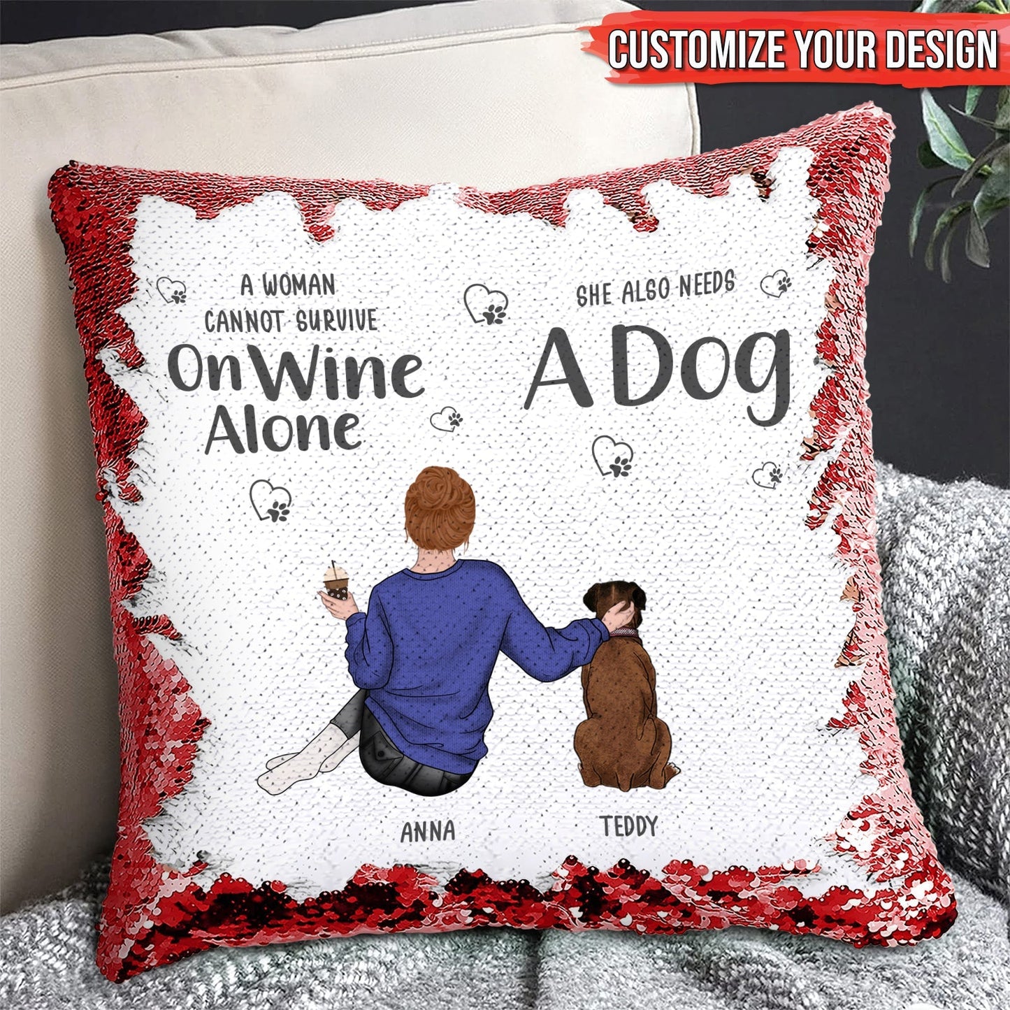 Personalized sequin pillow for pet lovers featuring a woman, dog, and customizable text design