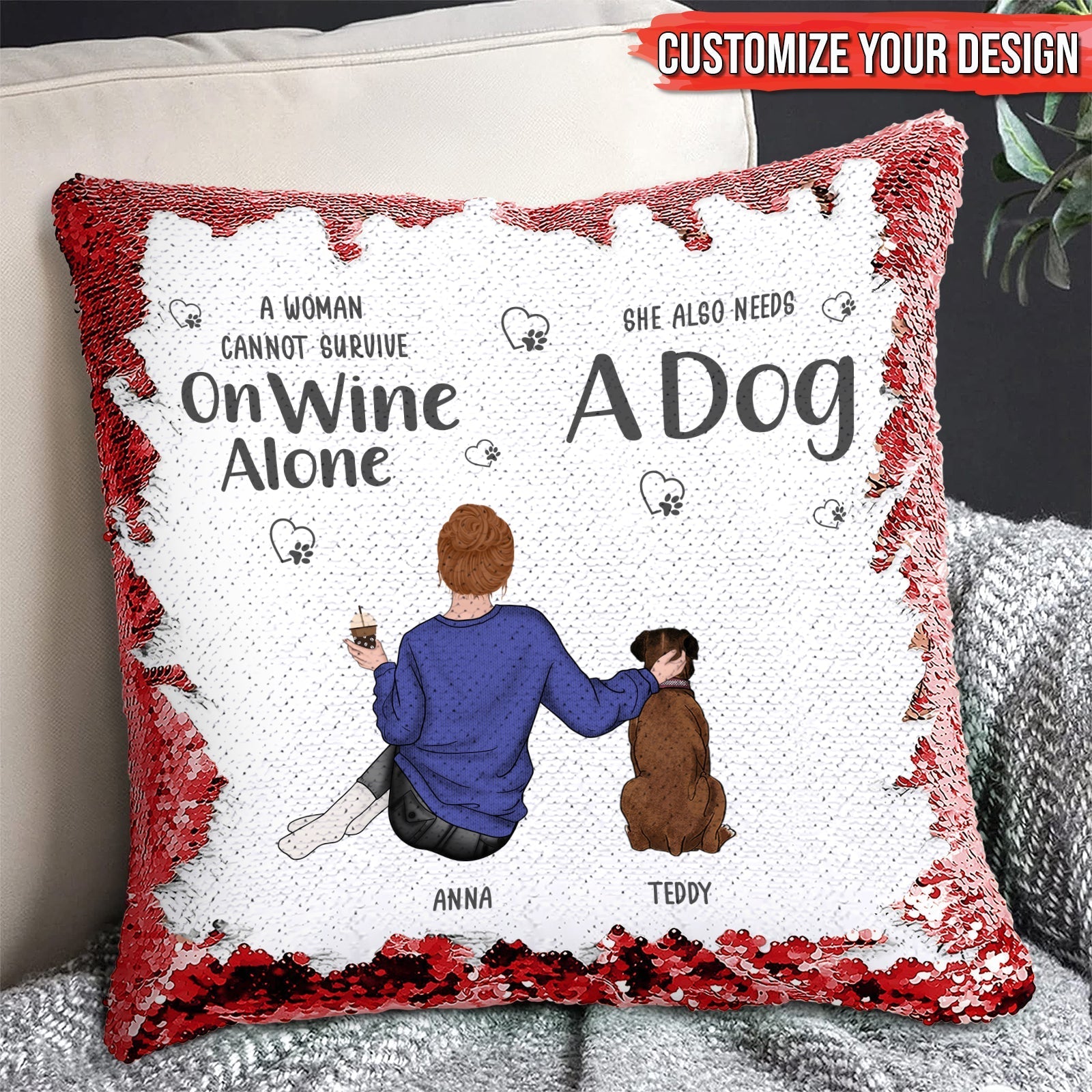 Personalized sequin pillow for pet lovers featuring a woman, dog, and customizable text design