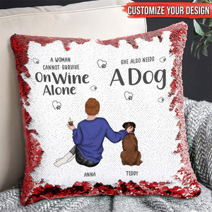 Personalized sequin pillow for pet lovers featuring a woman, dog, and customizable text design
