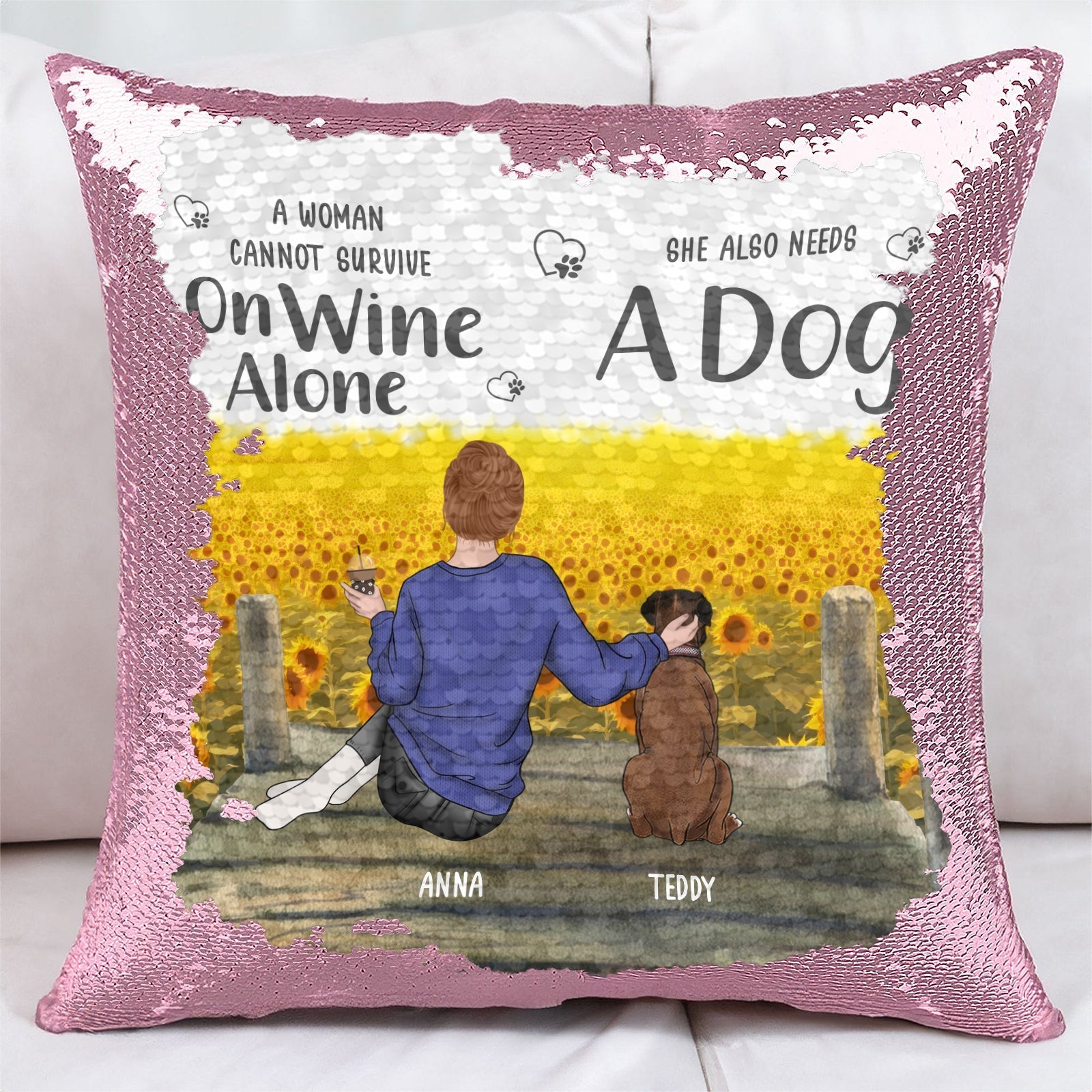 Personalized sequin pillow for pet lovers featuring a woman with her dog and sunflower background