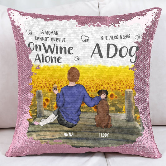 Personalized sequin pillow for pet lovers featuring a woman with her dog and sunflower background