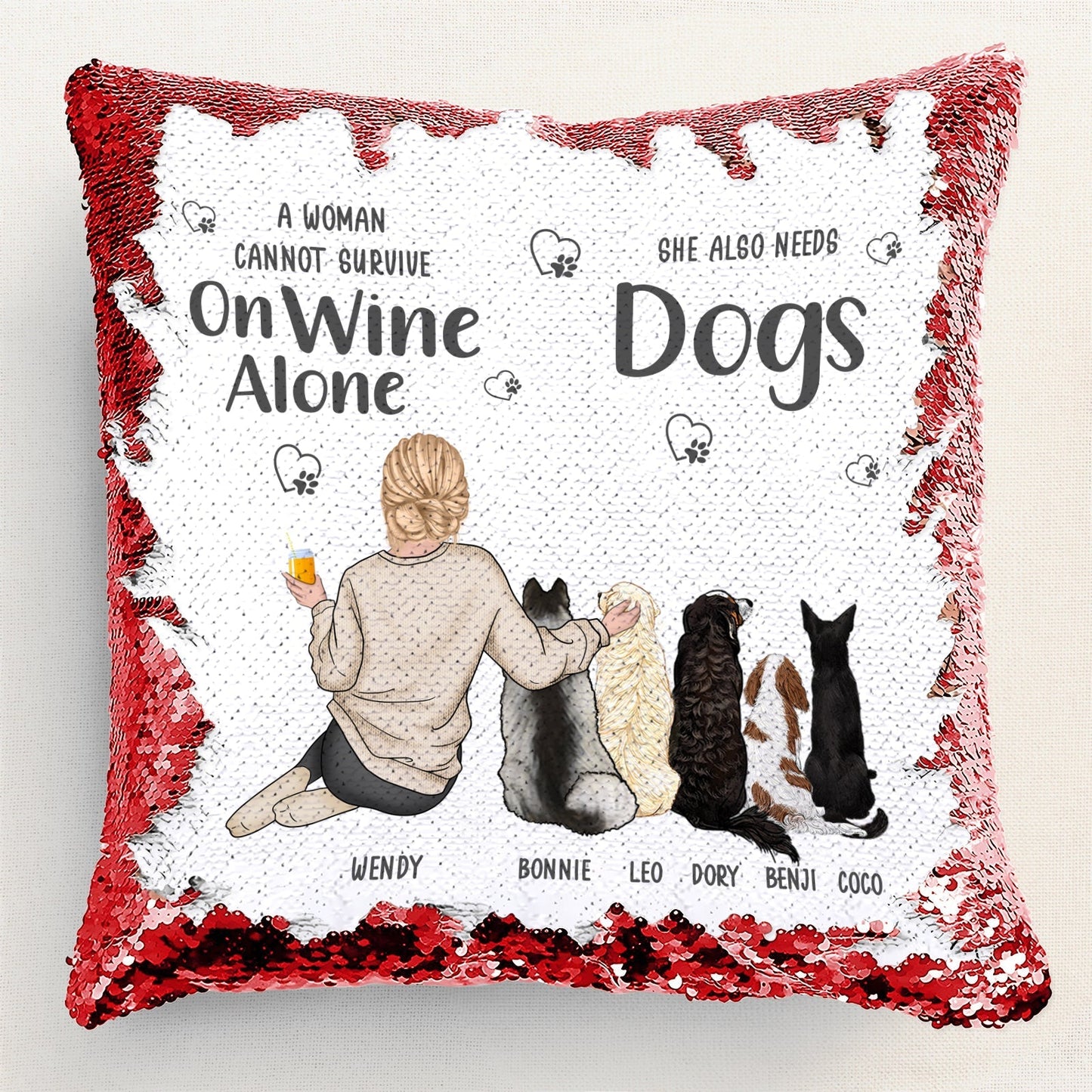 Personalized sequin pillow for pet lovers featuring a woman with dogs and a wine glass design