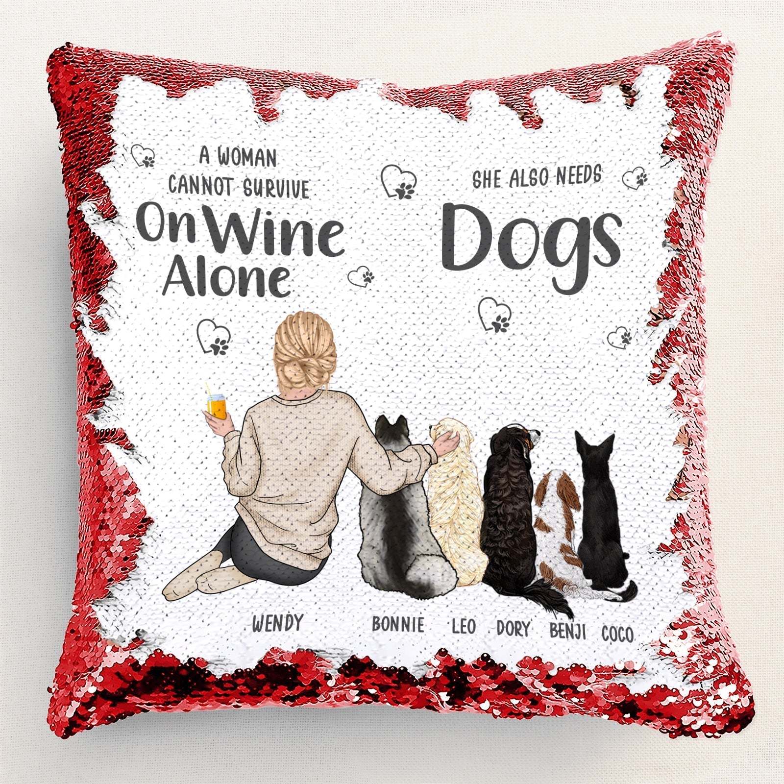 Personalized sequin pillow for pet lovers featuring a woman with dogs and a wine glass design