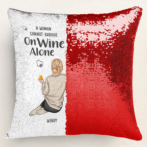 Personalized sequin pillow for pet lovers with a whimsical wine design and custom text