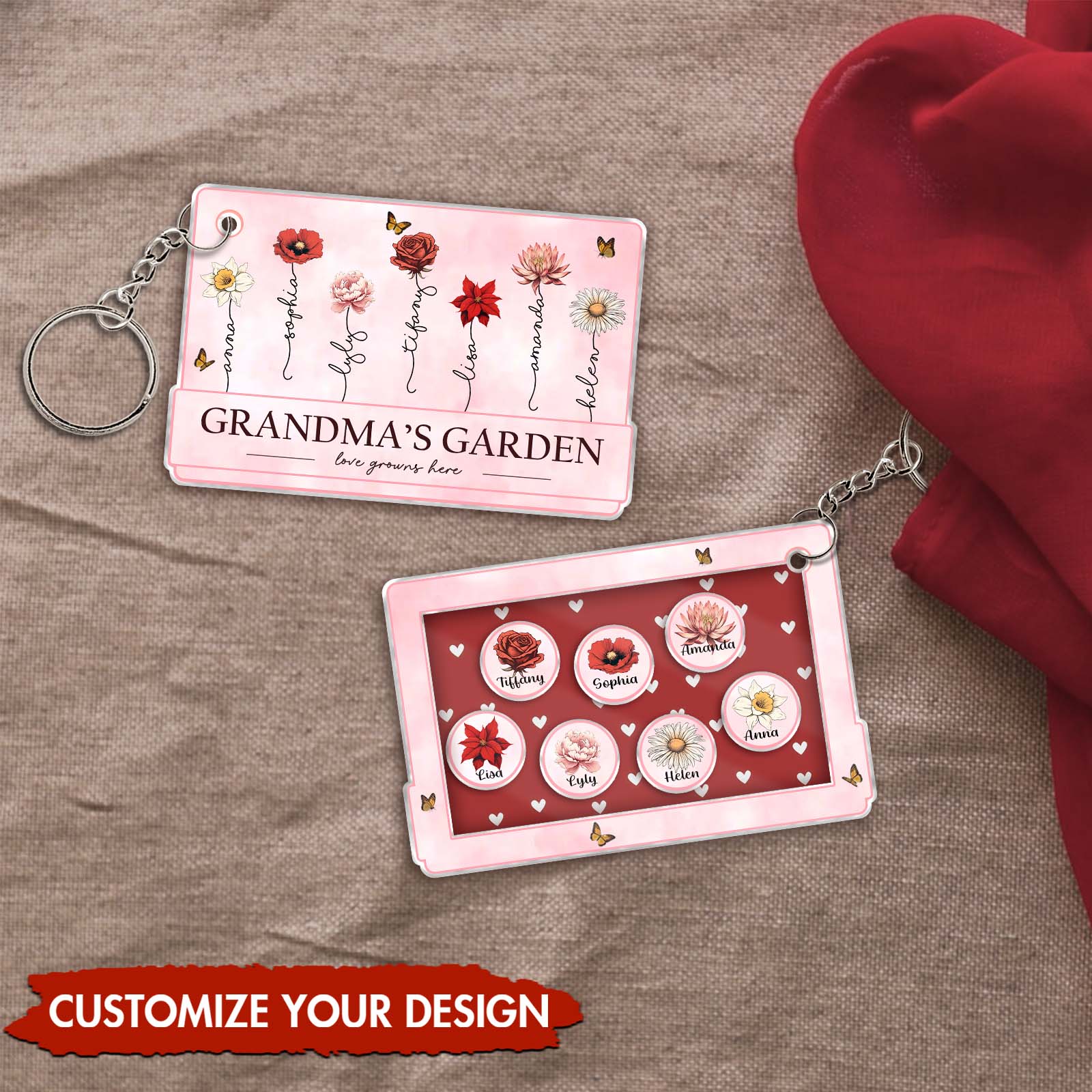 Personalized shaking keychain for grandma with floral designs and customizable options