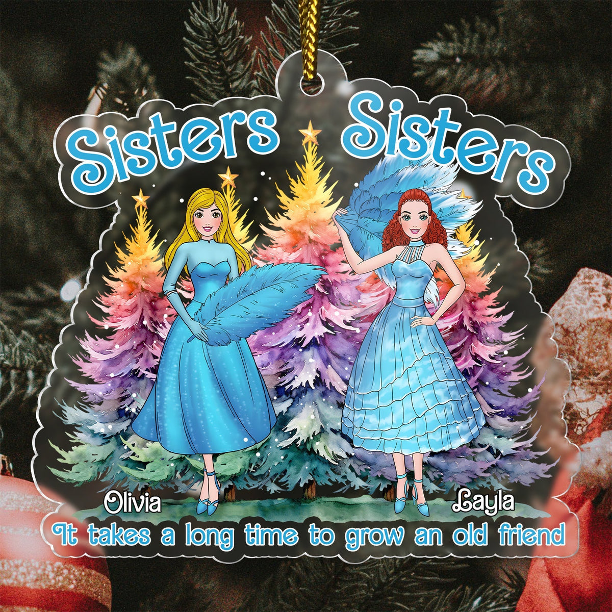 Personalized sisters Christmas ornament with two women in blue dresses and colorful Christmas trees