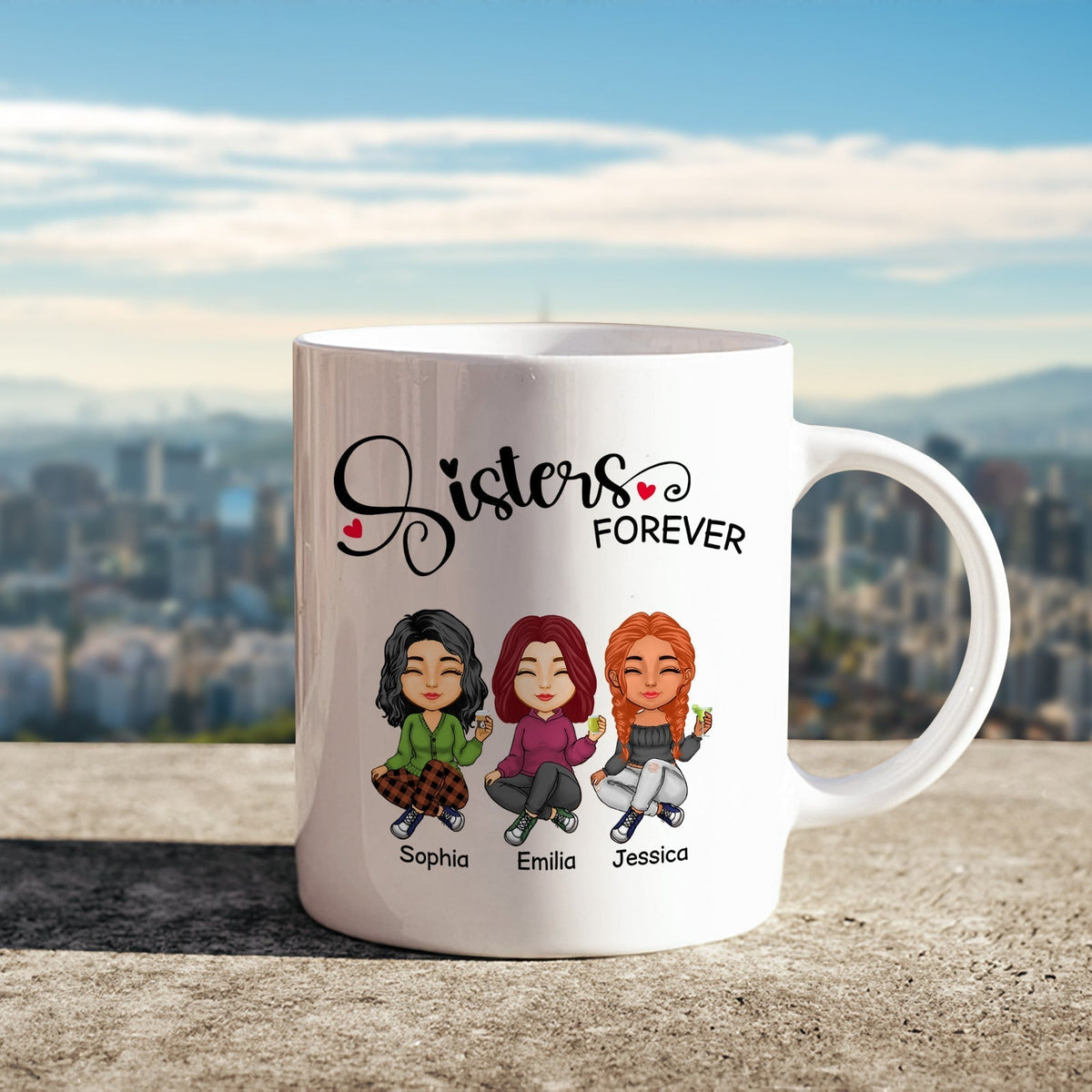Personalized sisters mug featuring three cartoon sister characters named Sophia, Emilia, and Jessica