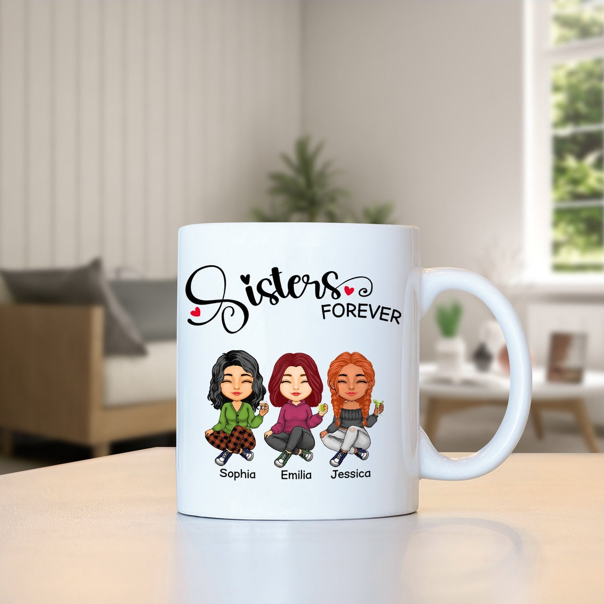 Personalized sisters mug featuring three cartoon sisters named Sophia, Emilia, and Jessica with the text Sisters Forever