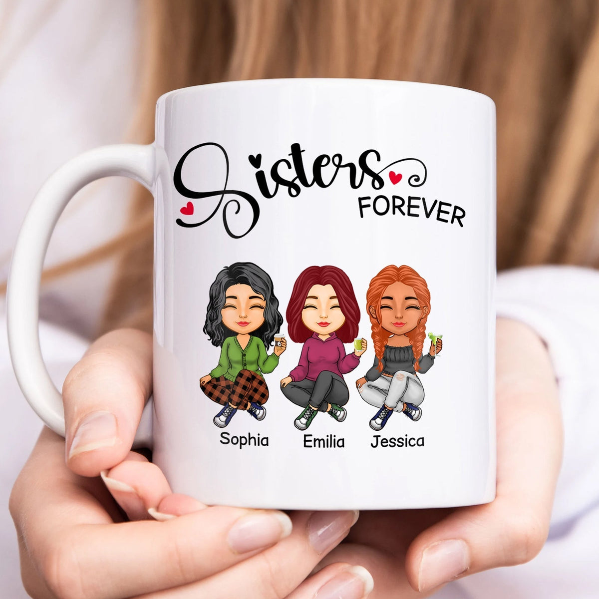 Personalized sisters mug featuring three characters named Sophia, Emilia, and Jessica celebrating sisterhood