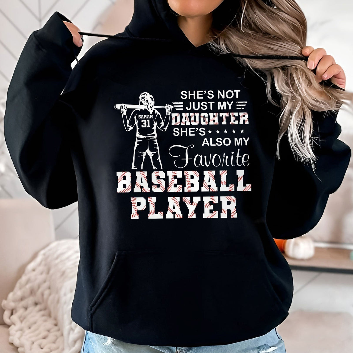 Black hoodie personalized sports apparel gift with baseball player daughter design and customizable name and number