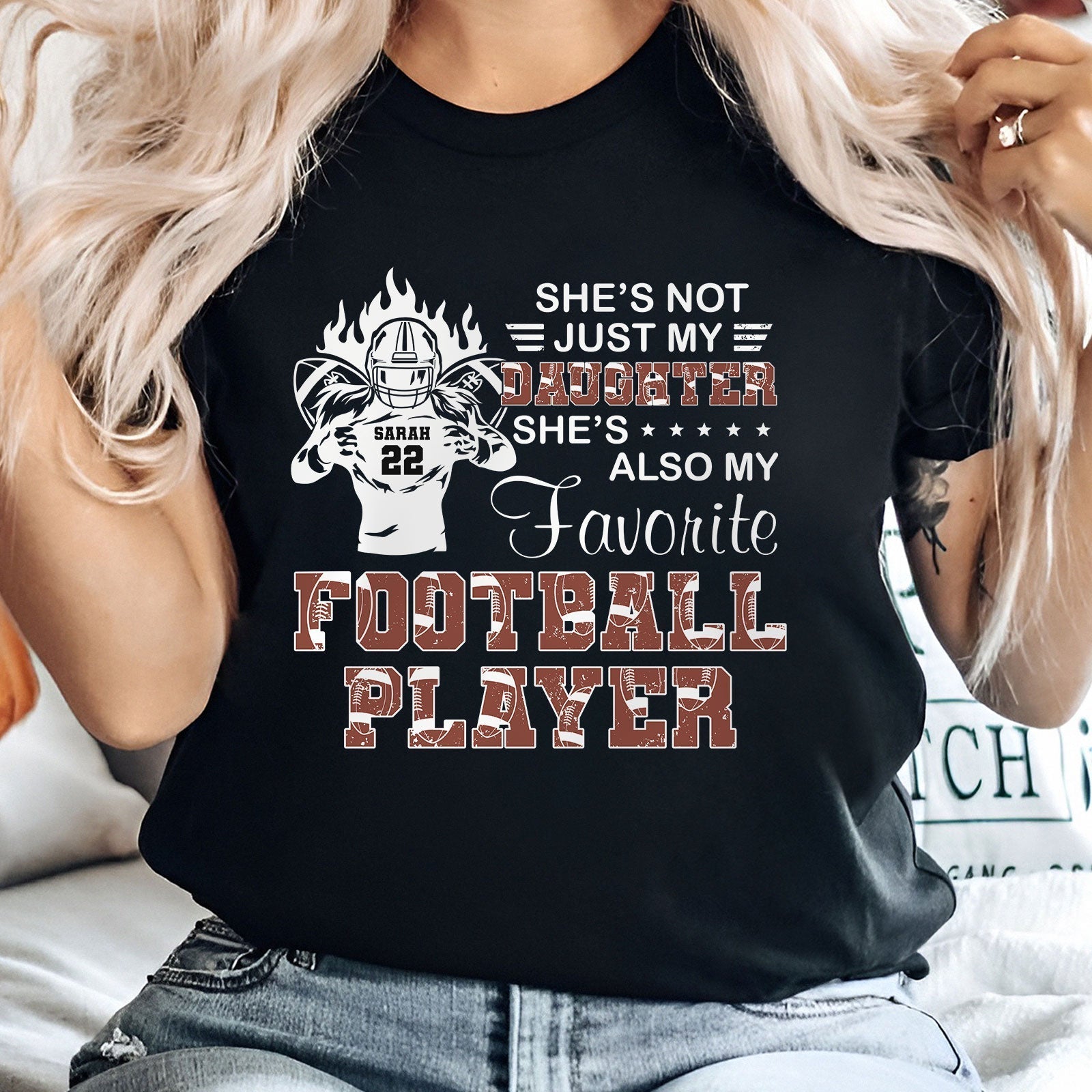 Personalized sports apparel gift black t-shirt with football player and daughter text design