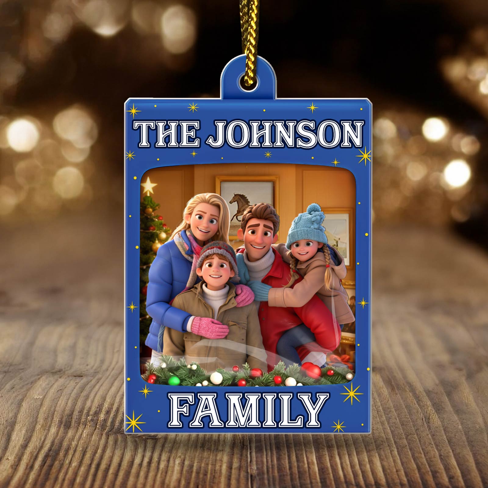 Personalized toy box ornament featuring a joyful family photo with holiday decorations