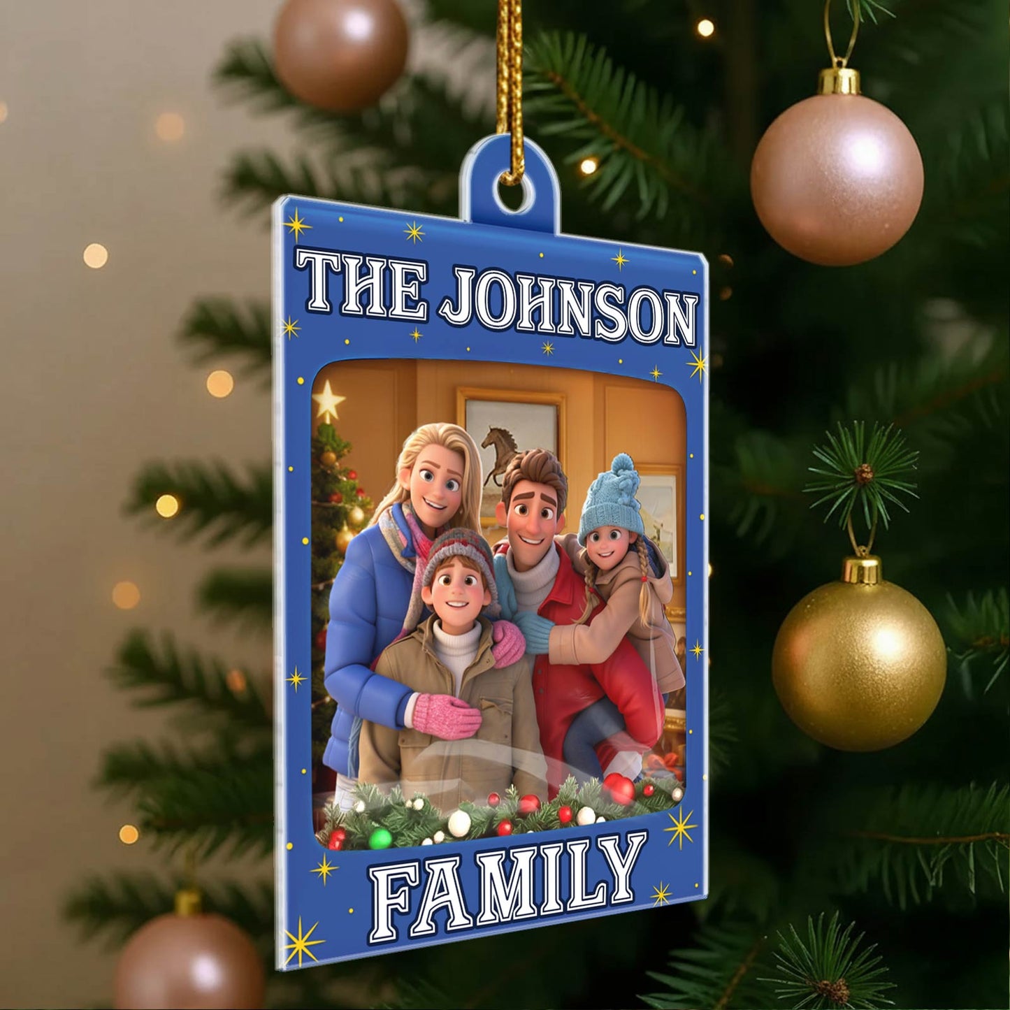 Personalized toy box ornament featuring a family photo with festive background and holiday decorations
