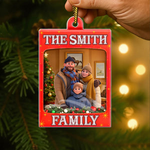 Personalized toy box ornament featuring a family portrait in a festive design with Christmas decorations
