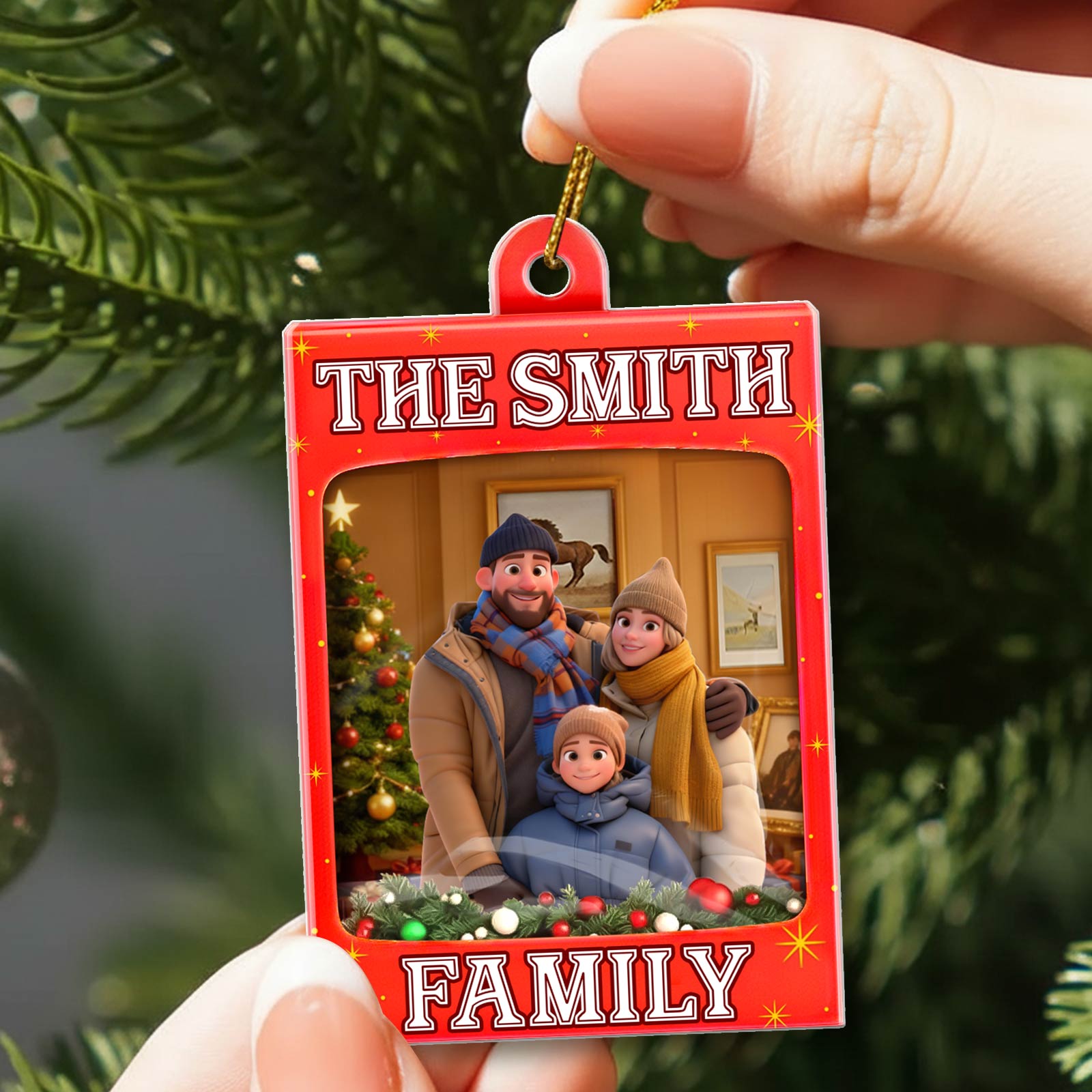 Personalized toy box ornament featuring a family photo with festive decorations and holiday theme