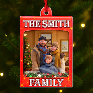 Personalized toy box ornament featuring a family photo in a festive holiday setting