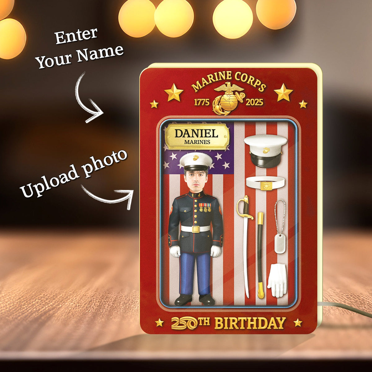 Personalized US Marine Corps gift featuring custom name and photo on a birthday card design