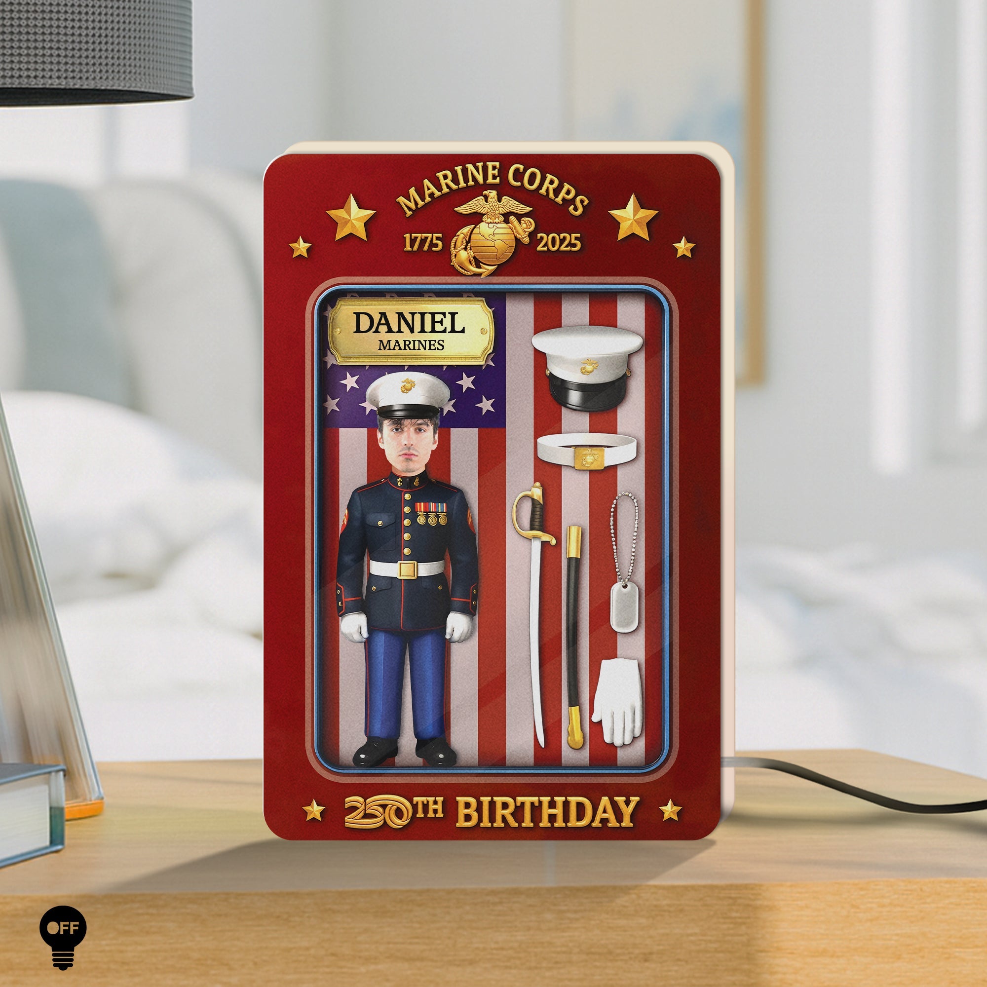 Personalized US Marine Corps gift featuring a custom name and 20th birthday design