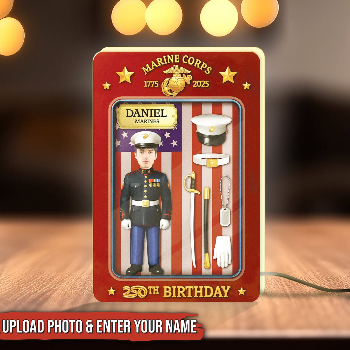 Personalized US Marine Corps gift featuring a custom figurine and patriotic background for a special birthday
