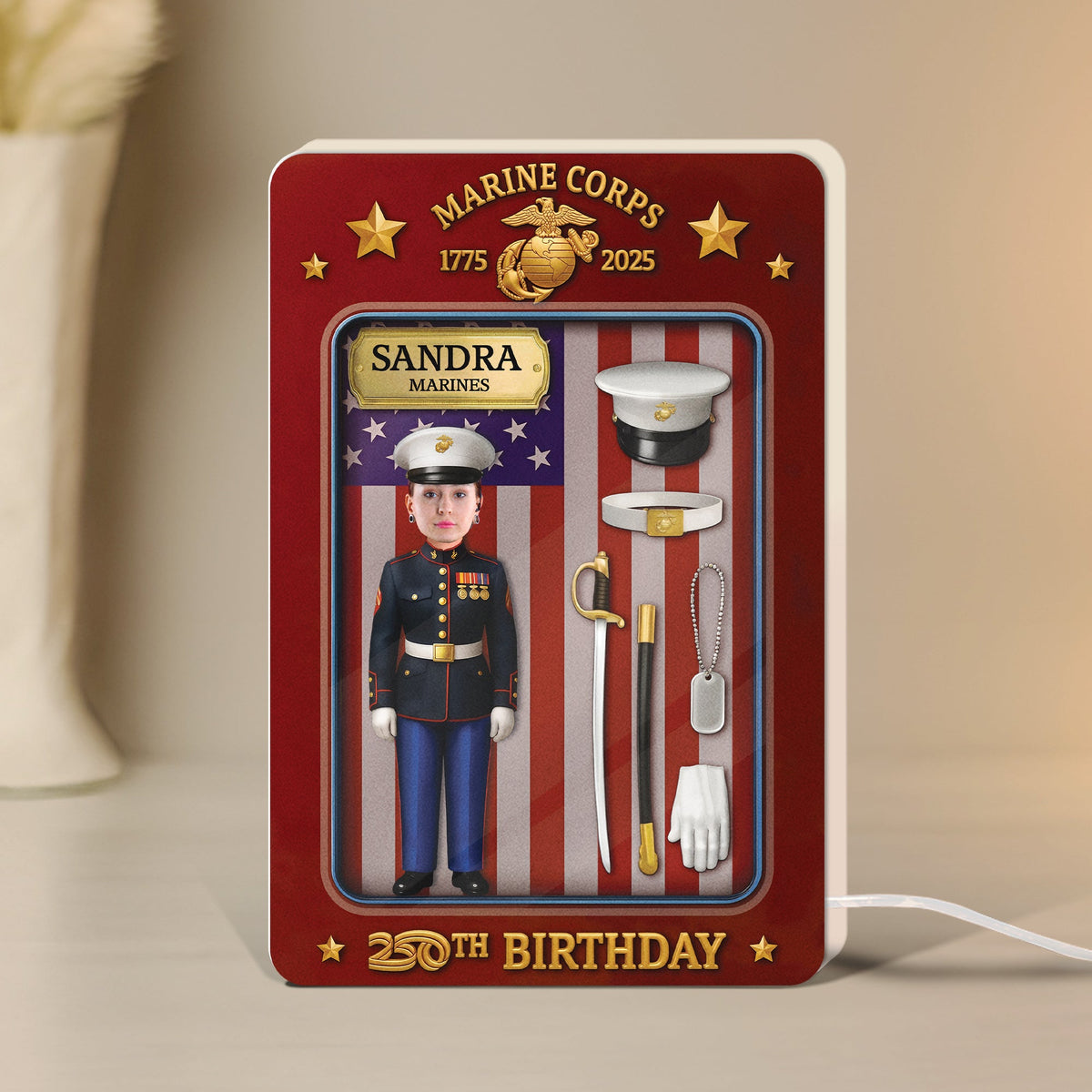 Personalized US Marine Corps gift featuring a custom figurine and accessories for a special birthday celebration