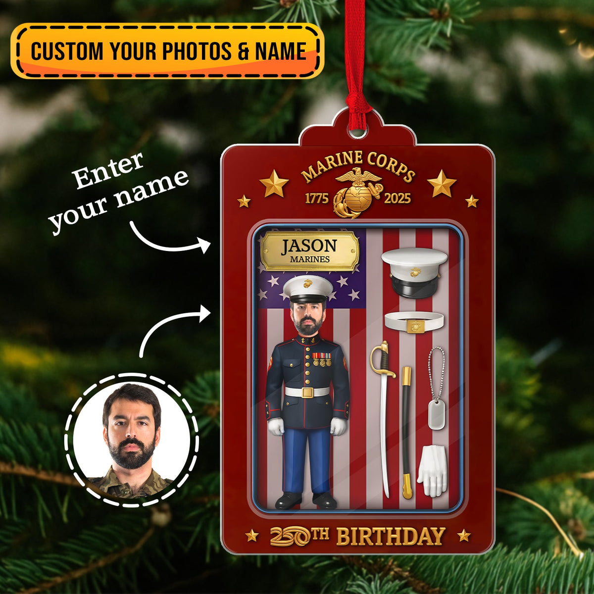 Personalized US Marine Corps ornament featuring a custom name and military-themed design for birthdays