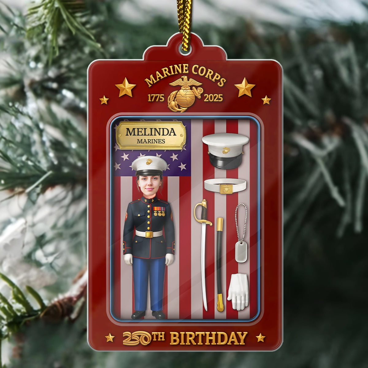 Personalized US Marine Corps ornament featuring a soldier figure for special celebrations