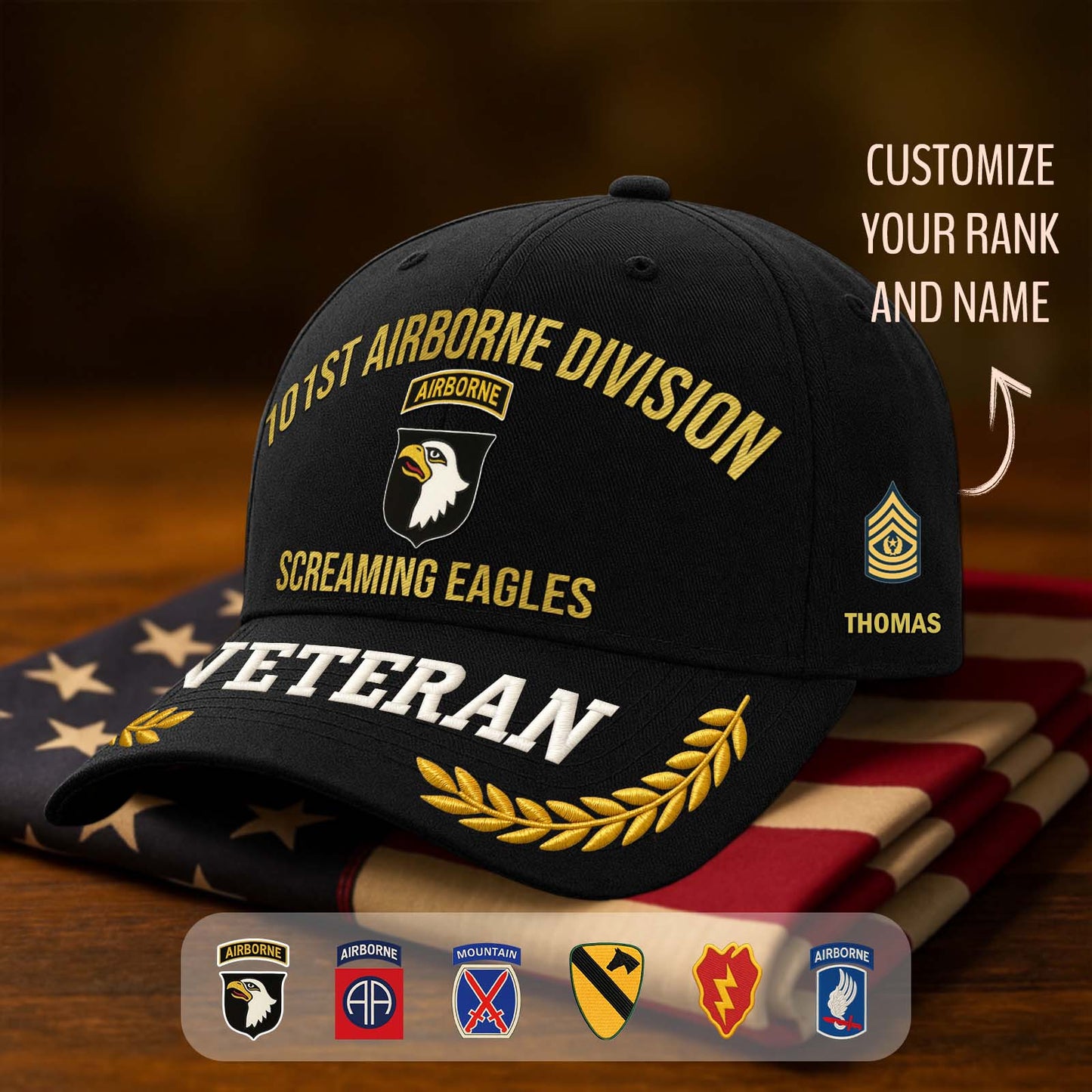Personalized veteran cap with 1st Airborne Division emblem and customizable rank and name