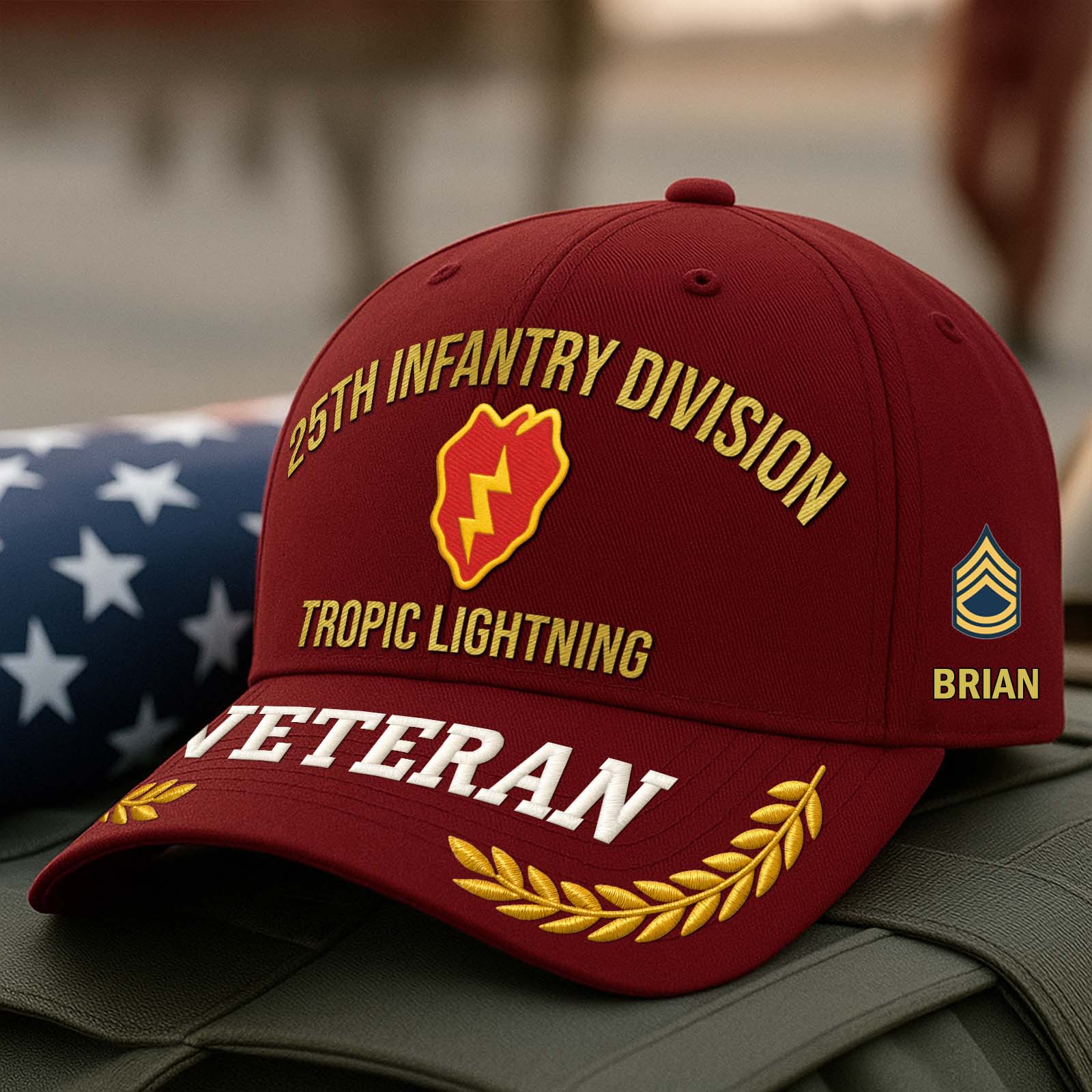 Personalized veteran cap featuring 25th Infantry Division and Tropic Lightning embroidery