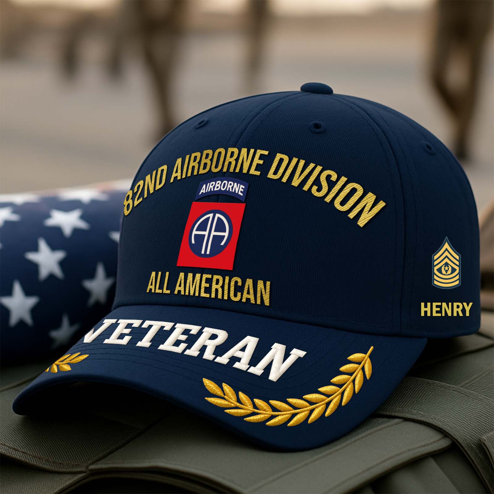 Personalized veteran cap featuring 82nd Airborne Division with gold embroidery and name detail