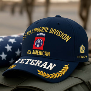 Personalized veteran cap featuring 82nd Airborne Division with gold embroidery and name detail