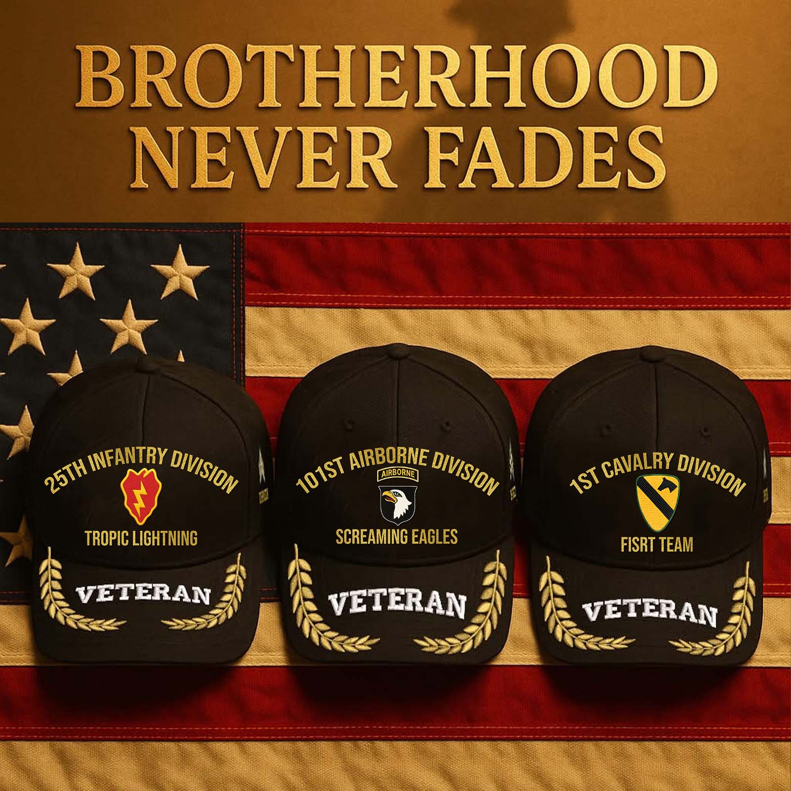 Personalized veteran cap featuring military division emblems on a backdrop of the American flag