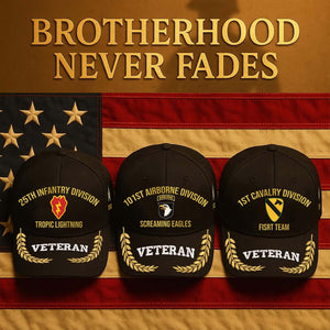 Personalized veteran cap featuring military division emblems on a backdrop of the American flag