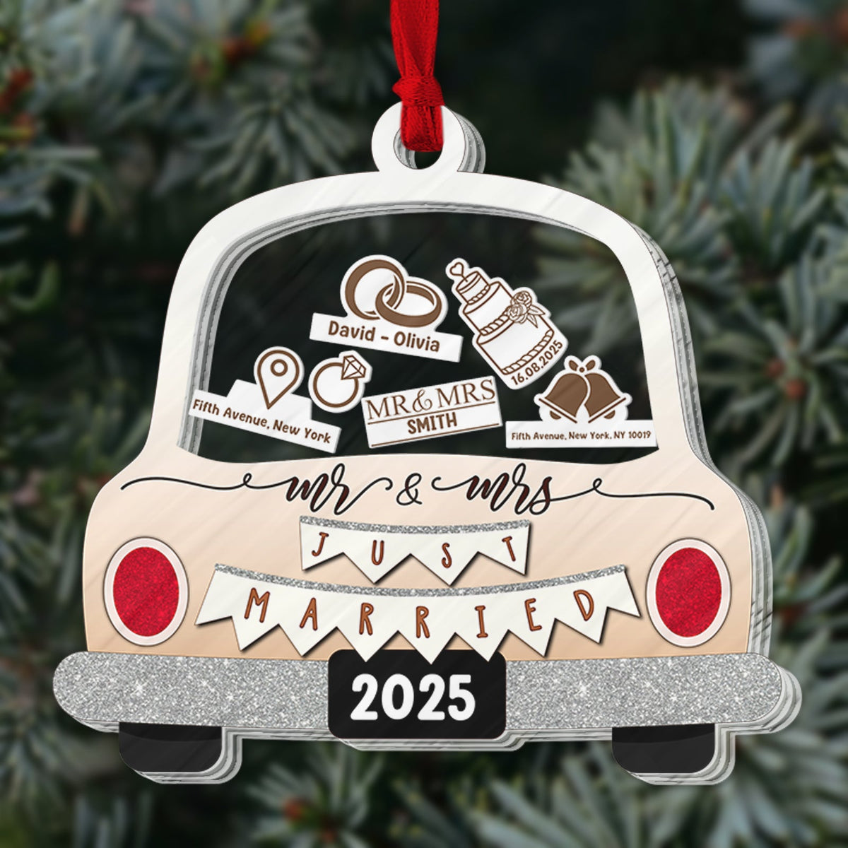 Personalized wedding car ornament featuring Mr and Mrs design with customizable details for newlyweds