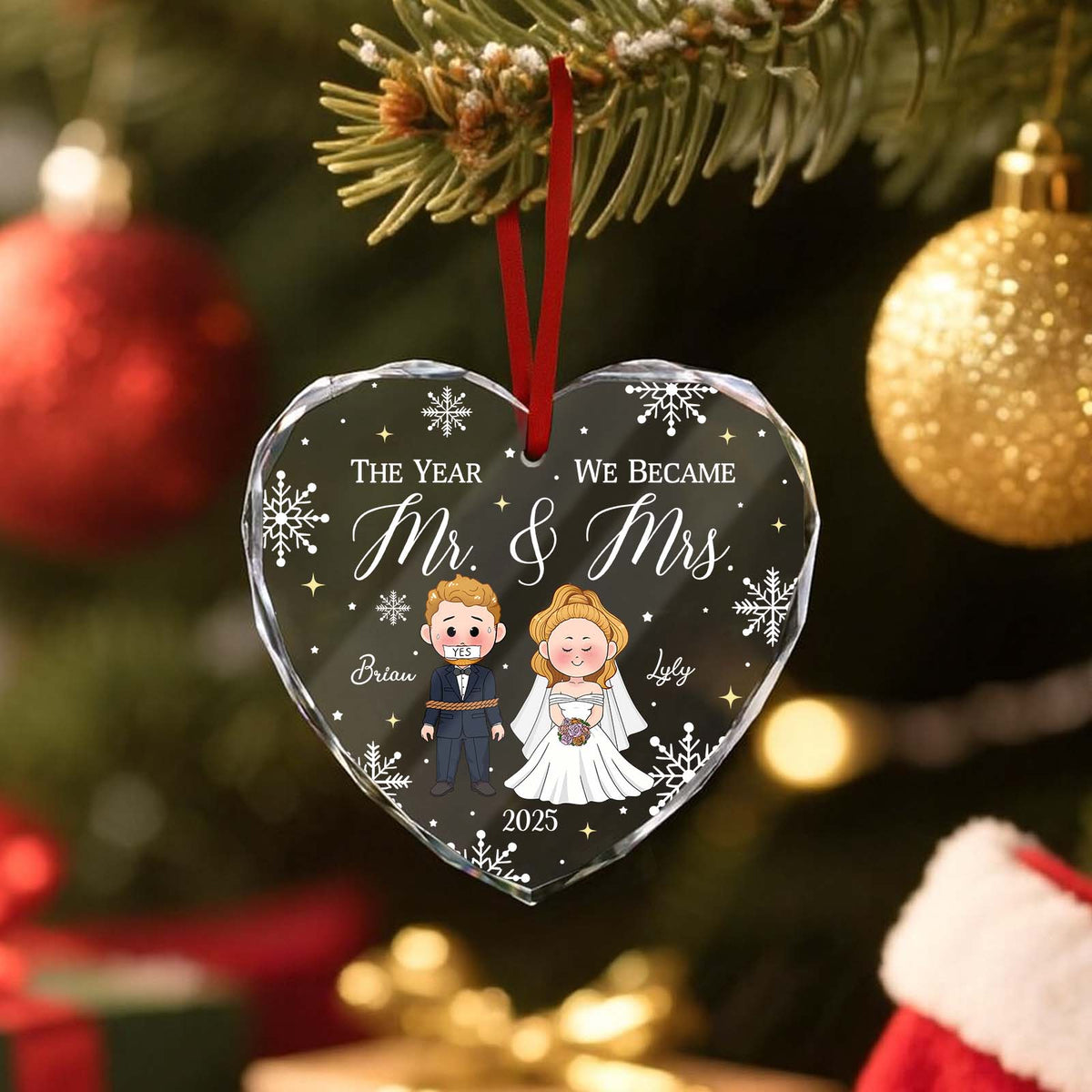 Personalized wedding ornament featuring Mr and Mrs design with names and date for a special keepsake