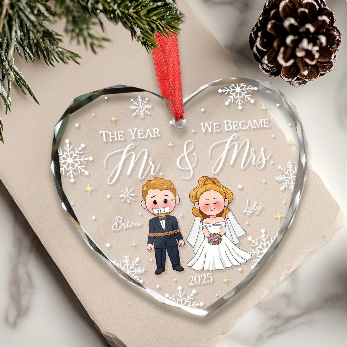 Personalized wedding ornament featuring a heart shape with cartoon couple and wedding date 2025