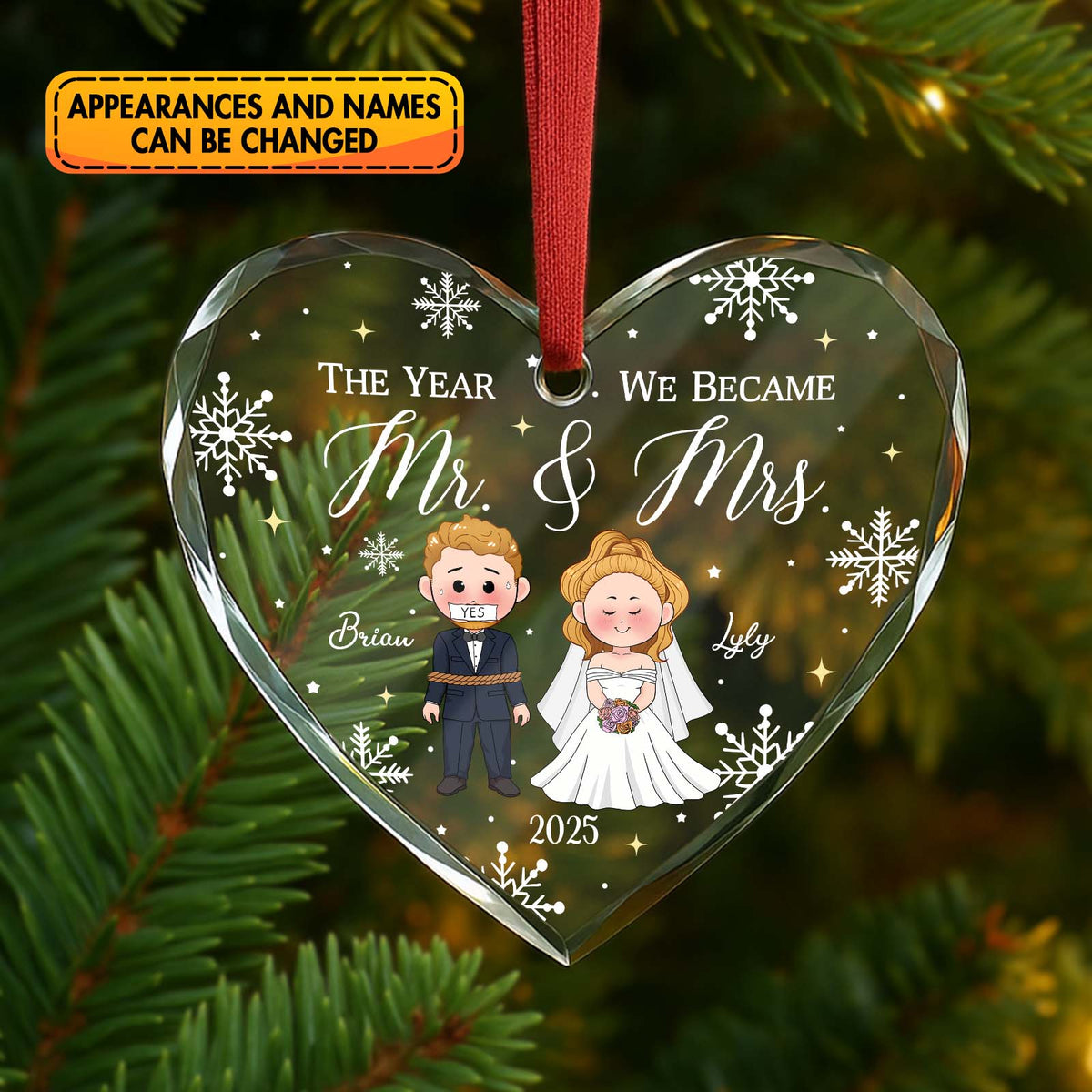 Personalized wedding ornament featuring a paw print design with customizable photo and name options