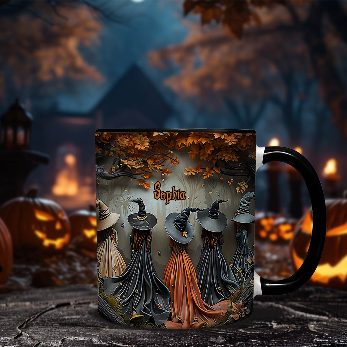 Personalized witch mug with Halloween design featuring witches and the name Sophia